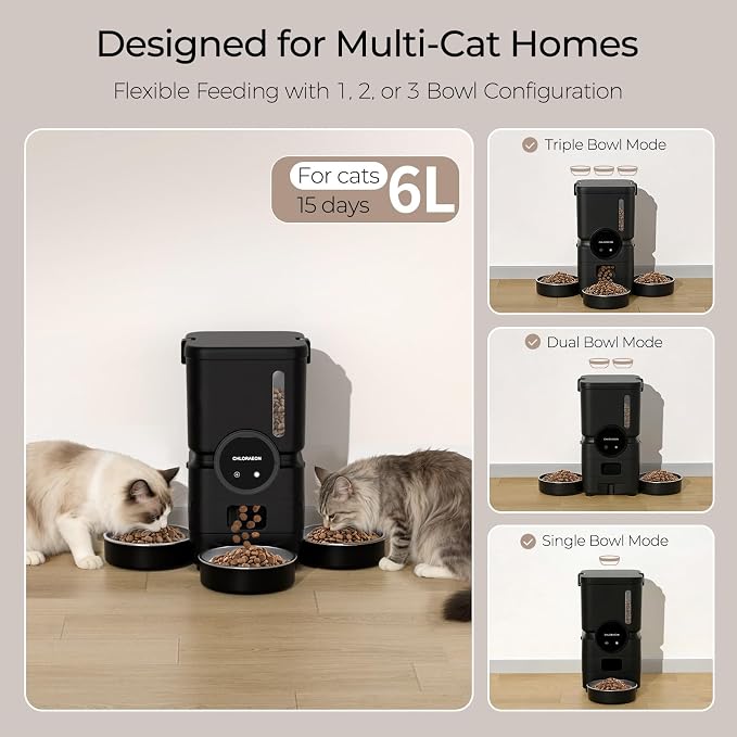 Automatic Cat Feeder for 3 Cats, 6L 5G WiFi Feeder, Slow Feed, Black | 3-bowl system with app scheduling, 15-day battery backup, stainless steel bowls, and sealed freshness protection.