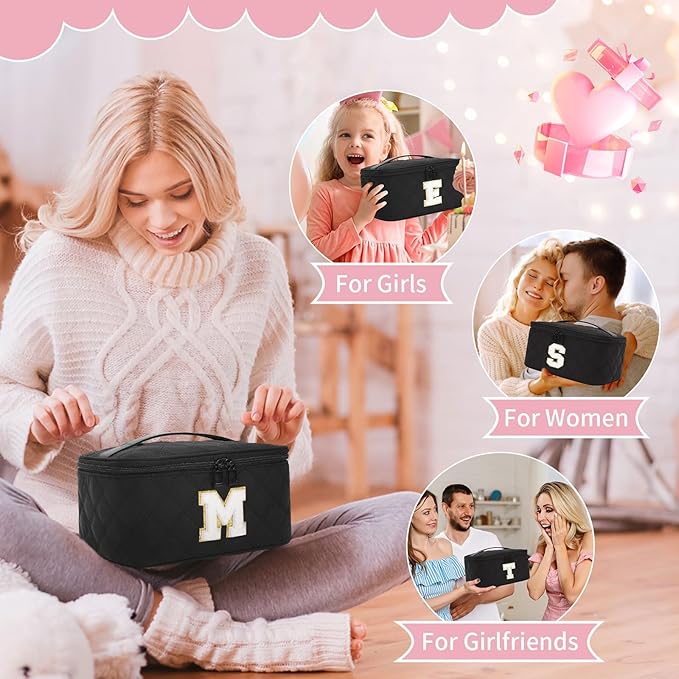 OCHEAL Makeup Bag Valentines Day Gifts for Women, Monogram Cosmetic Bag Black Travel Makeup Case Beauty Toiletry Bag Organizer Personalized Gifts for Girls Bridesmaid, Sister, Wife, Friends Initial M