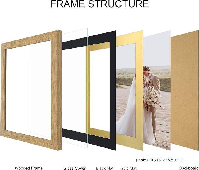 Hongkee 10x13 Picture Frame Set of 4, Made of Real Glass and Natural Oak Frame, 10 by 13 Photo for Wall or Tabletop - Display Picture 8.5x10 with Mat or 10x13 Without Mat