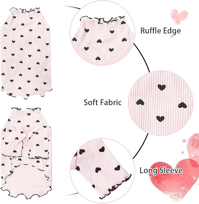 Pet Clothes for Small Dogs Cat Summer Fall Heart Print Shirt Stretchable Ruffle Long Sleeve Outfits for Chihuahua Schnauzer Shih Tzu Yorkie (Pink, X-Small)