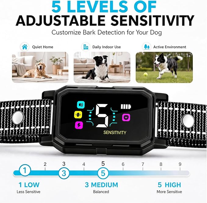 Dog Bark Control Collar for Large Medium Small Dogs 8-120 lbs, Smart Anti Barking Device with 5 Training Modes, Adjustable Sensitivity, Beep Vibration Static, Color: Midnight Black