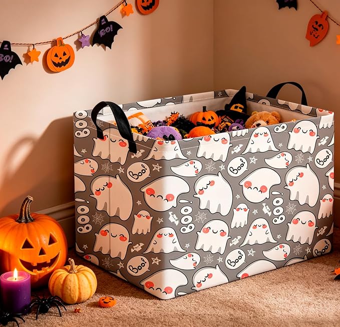 CLOCOR Rectangular Storage Basket Empty,Gift Basket,Waterproof Storage Bin with Handles,Room Decor(Cute Ghost Halloween)