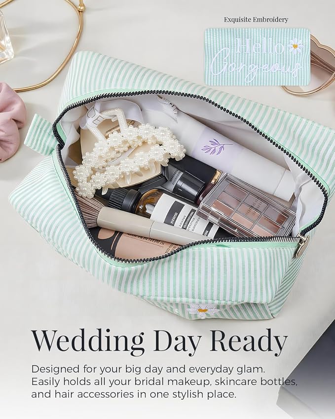 Hello Gorgeous Cosmetic Bag, Cute Daisy Makeup Bag, Compliment Gift for Women Girls Bride & Bridesmaid, Seersucker Stripe Travel Toiletry Pouch w/Zipper, Wedding Organizer Storage (Green)