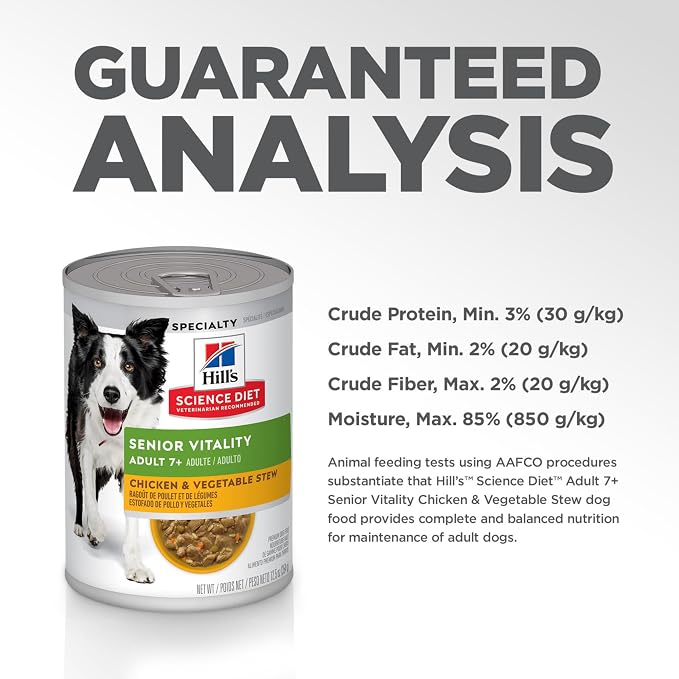 Hill's Science Diet Adult 7+ Senior Vitality Wet Dog Food | #1 Veterinarian Recommended, Chicken & Vegetable Stew, 12.5 oz. Cans, 12-Pack