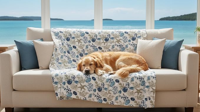 Coastal Ocean Beach Throw Blanket, Blue Gray Taupe White, 50x70 Oversized | Soft Plush Velvet Fleece, Seashell Beach Hues, Accent for Sofa Couch Chair Bed or Dorm, Washable & Durable, Extra Large Size