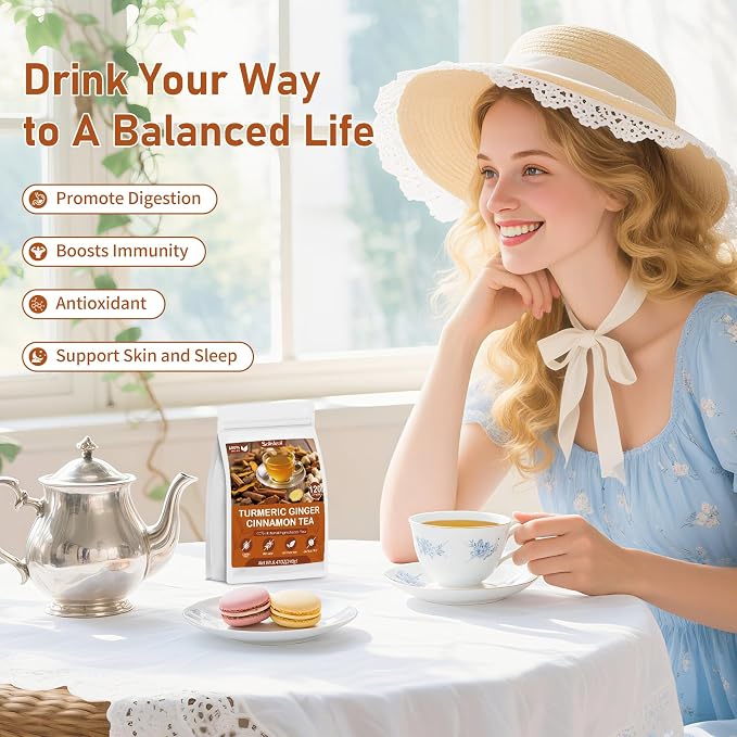Turmeric Ginger Cinnamon Tea Bags, Pure Natural Ginger Turmeric Herbal Blend Tea with Cinnamon for Promoting Digestion, Boosts Immunity, Caffeine-Free, No Additives (120 Bags/1 Pack）