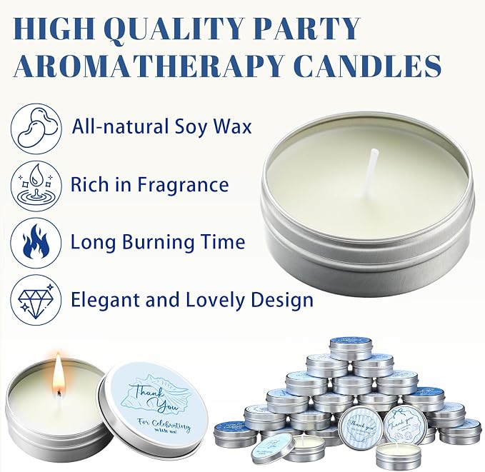 Treela 24 Pcs Coastal Candles Favors Blue Bow Starfish Seashell Scented Candle Tins with Lids Coquette Ocean Gifts for Summer Beach Wedding Bridal Baby Shower Party Favors Decorations