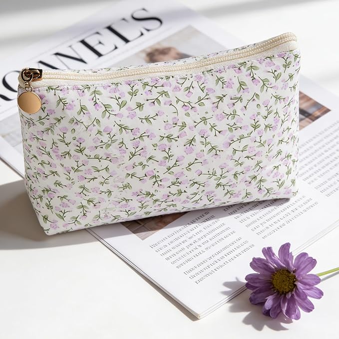 Quilted Cotton Makeup Bag, Coquette Quilted Toiletry Bag for Women and Girls, Floral Coquette Pouch, Cute Kawaii Travel Cosmetic Bags (Purple Floral)