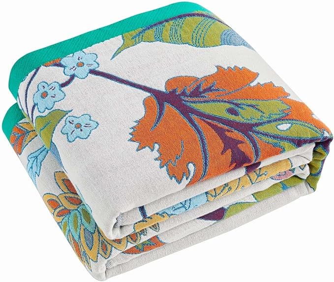 XIBLC Summer Throw Blanket, 50"x60" Reversible Bohemian Flower Blanket, 100% Cotton Muslin Breathable Woven, Farmhouse Decorative Throw Blanket