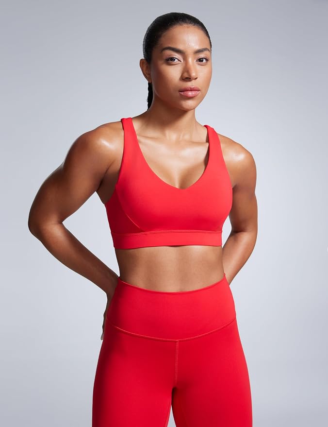CRZ YOGA Butterbreeze Criss Cross Back Sports Bras for Women - V Neck Adjustable Straps Padded Workout Training Crop Top