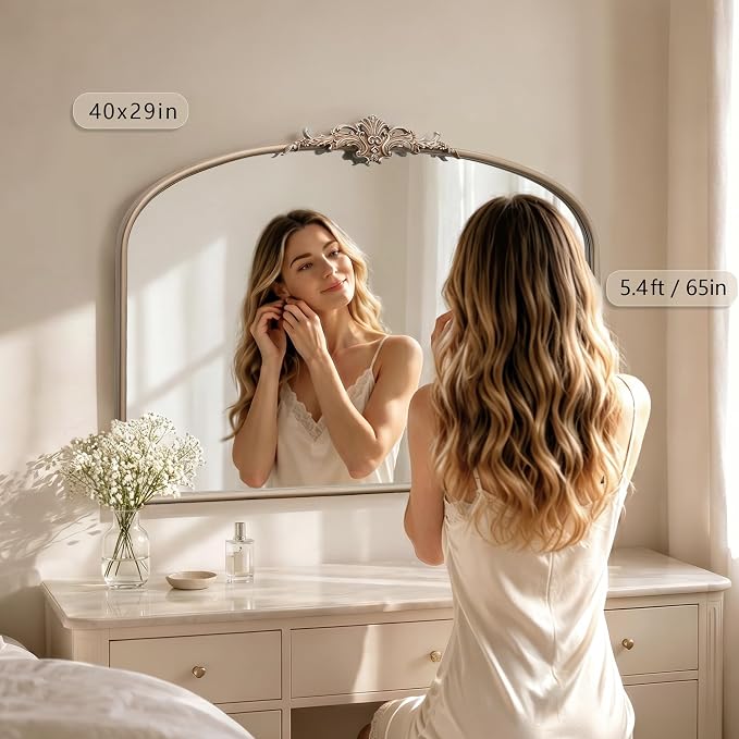 Besdomus Vintage Arched Gold Mirror: 40"x29" Large Champagne Decorative | Antique Baroque Metal Frame Mirrors - Traditional Ornate for Entryway/Dresser/Fireplace/Bathroom - Ideal for Home Renovations