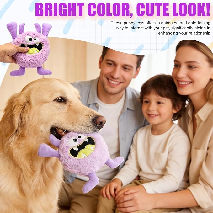 Monster Stuffed Squeaky Dog Toy, Crinkle Dog Plush Toy, Purple | Soft Lightweight Toy for Fetch and Chew, Interactive Outdoor Indoor Play for Tug, Birthday Gift, For Puppy Small Medium Dog