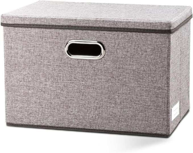Large Foldable Storage Bin with Lid [1-Pack] Linen Fabric Decorative Storage Box Organizer Containers Basket Cube with Handles Divider for Bedroom Closet Office Living Room (17.7x11.8x11.8)