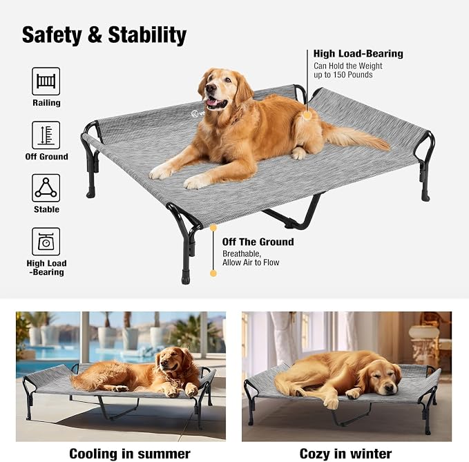 Veehoo Cooling Elevated Dog Bed, Raised Dog Cot with Guardrail & Headrest | Washable Dog Couch Bed for Indoor & Outdoor, Durable Breathable Teslin Mesh, Non-Slip Feet, 51" x 34", XLarge, Black Silver