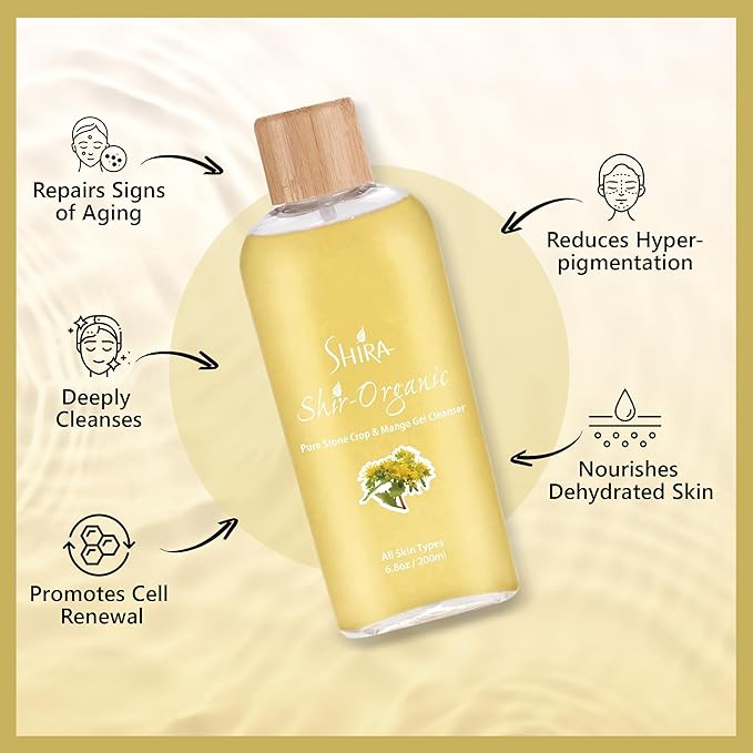 Shira Shir Organic Stone Crop & Mango Gel Cleanser 200ml - Hydrating Face Wash for Smooth, Refreshed Skin, Natural Ingredients, Gentle Daily Cleanser for All Skin Types, Organic Skin Care