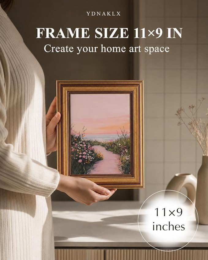 Gold Framed Wall Art, Pink Coastal Seascape Canvas Prints, Pink Sky Beach Wildflower Landscape Picture Wall Decor, Dreamy Beachy Aesthetic Artwork for Living Room Bedroom 9x11 inch