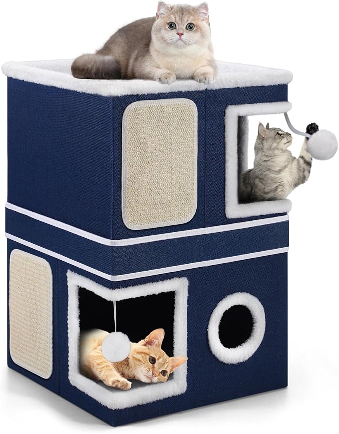 Shikha 2 Story Cat House beds for Indoor Cats with Scratch Pads Blue | 2 in 1 Dual Use Double Cat Bed Cave for Multiple Pets Kitten, Elevated Perch for a Wide View, All Season Reversible Cushion