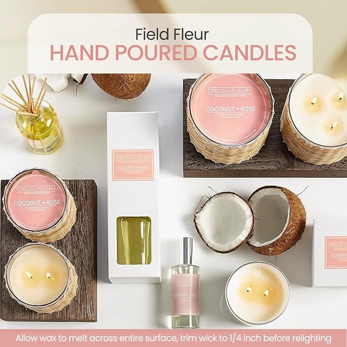 Coconut Rose Scented Candle – 12oz Luxury Soy Wax, 2-Wick in Handwoven Glass Jar, dewy Fruits, Juicy Green Citrus, Jasmine and Lush White Flowers 75+ Hour Clean Burn, Made in USA