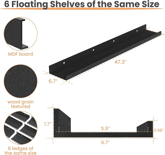 upsimples Floating Shelves for Wall Decor and Storage, Black, 6Pcs 47.3'' | Wall Mounted Wood Shelves for Living Room, Bedroom, Kitchen, Office, Hallways Display and Organize Photos