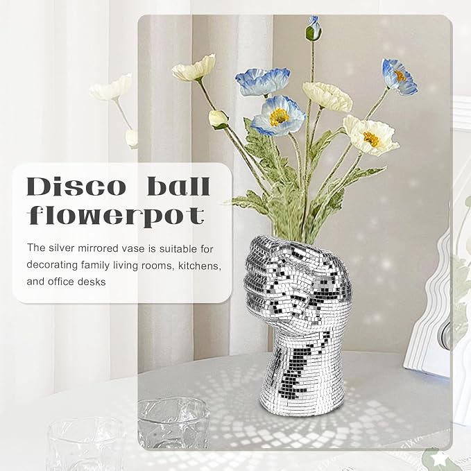 1Pcs Fist Shape Disco Vase, Silver Mirror Finish Fist Shape Design Disco Ball Planter, Home Living Room Balcony Study Desk Party Decor.