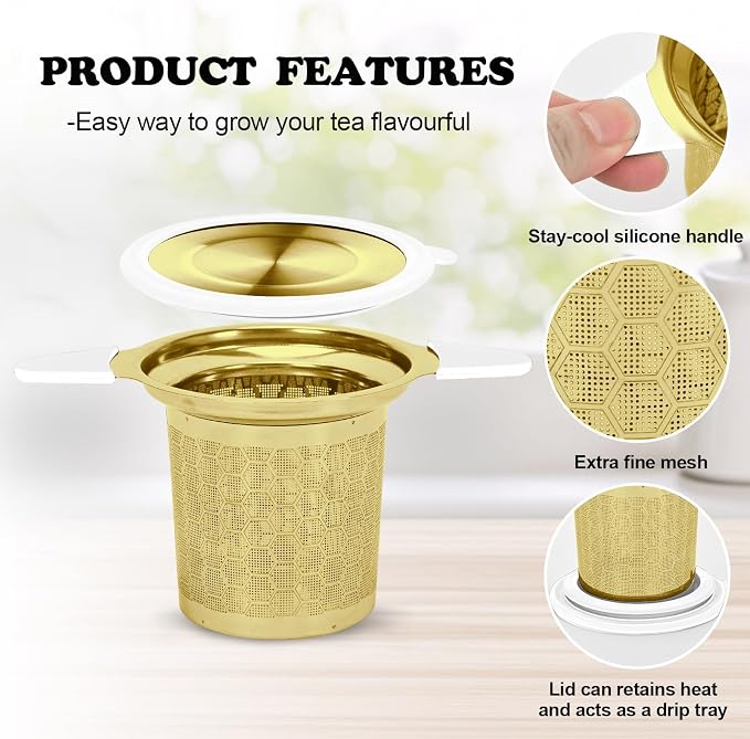 Tea Infuser for Loose Leaf Tea, Extra Fine 304 Stainless Steel Tea Strainer Stepper with Heat-Resistant Silicone Handles and Lid, Large Capacity Tea Basket Filter for Mug, Cup (Gold)