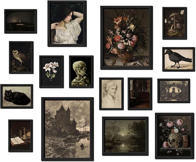 16 PCS Framed Dark Academia Room Decor, Gothic Home Decor, Moody Wall Art Prints for Bedroom, Gallery Wall Frame Set, Witchy Posters for Living Room Aesthetic, Halloween Dorm Collage Kit