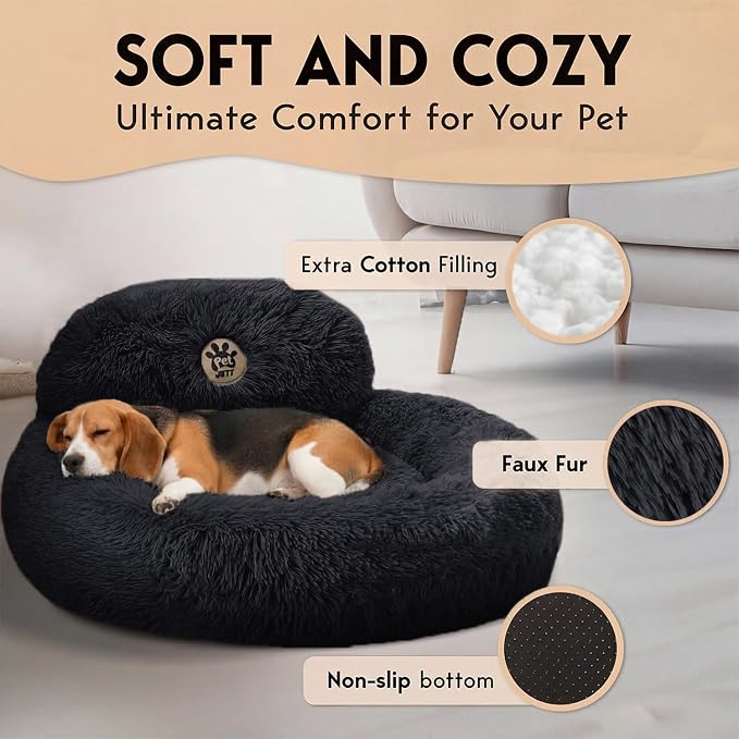 PetJett Calming Dog Bed Medium Size Dog - 30'' Donut Bed, Anti-Slip & Washable Super Soft Fluffy Plush Round Bed, Anti-Anxiety Premium Comfort Pet Bed, Fits Dogs up to 45 lbs - Black