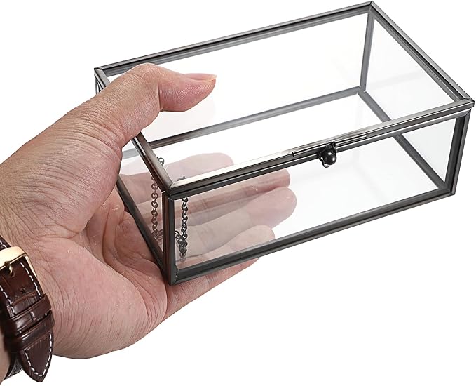 Hipiwe Vintage Glass Keepsake Box Clear Jewelry Display Lidded Box with Lid | Rectangle Glass Box Organizer for Home Decor and Storage of Trinket Rings Bracelet - Black, Small