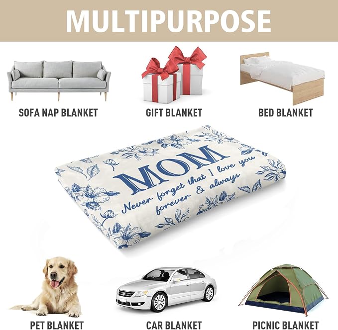 Gifts for Mom, Mom Birthday Gifts from Daughter Son, To My Mom Blanket | I Love You Mom Gifts for Birthday, Christmas, Mothers Day, Blanket for Mom with Hibiscus Flowers Print, 60" x 50", Blue