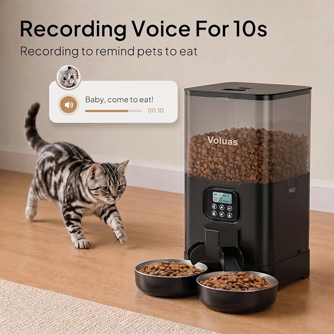 VOLUAS Automatic Cat Feeder for Two Cats with Dual Stainless Bowls, 6L | Programmable Portion Control, Timed Feeding, Memory Function, Dual Stainless Steel Bowls, 10-Second Voice Recorder