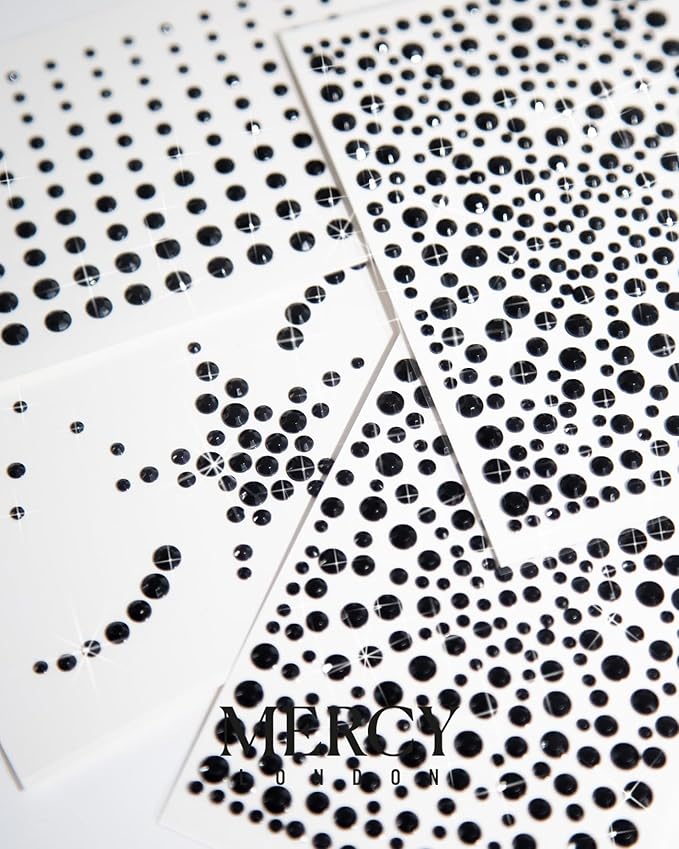 MERCY LONDON Face Gems in Black, 866 Self Adhesive Makeup Face Gem Stickers, 4 Sheets, Reusable Eye Gems, DIY Face Gems