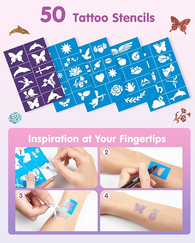 Lictin Temporary Tattoo Markers for Skin, 7 Colors Dual-End Skin Tattoo Pens with 50 Tattoo Stencils, Metallic Body Markers for Kids Teens and Adults, Flexible Brush Tip, Cosmetic-Grade
