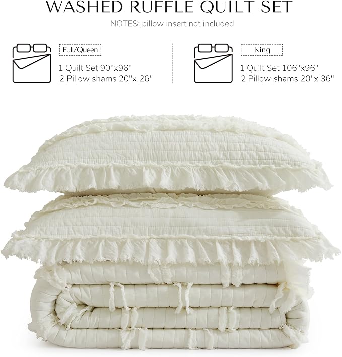 Ultra Soft Ruffle Fringed Quilt King Size,Shabby Chic Rustic Cream White Bedding Set, Stone Washed Boho Decorative Quilt with 2 Pillow Shams for All Season