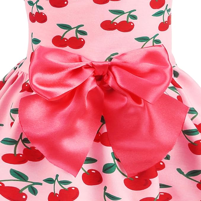 PUPTECK Stylish Cute Dog Dress with Bow Puppy Clothes, Pink Cherry XS | Breathable Lightweight Adorable Puppy Doggie Pet Clothes Outfits Apparel Costume for Party Holiday Photoshoot