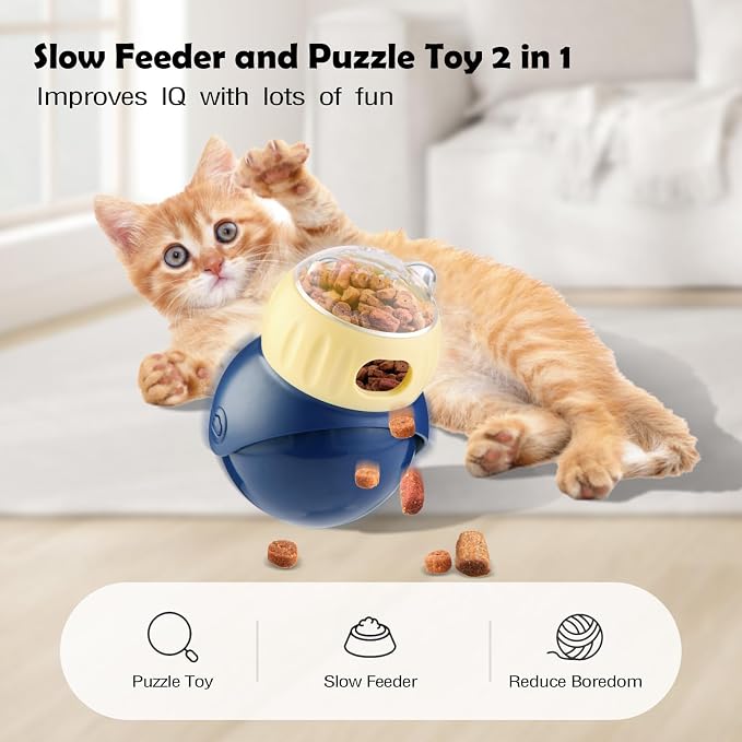 Cat Treat Puzzle Feeder with Adjustable Dispensing Hole, Kitten Interactive Treat Dispenser Toy Slow Feeder Cat Bowl for Mental Enrichment to Prevent Boredom & Bloating for Kitty and Puppy