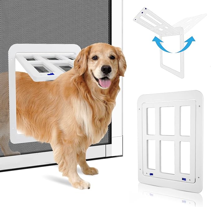 Large Dog Door for Screen Door - 11.2" x 14.4" Magnetic Flap Pet Door with Lockable Insert for Medium to Large Dogs, Ideal for Sliding Doors, White