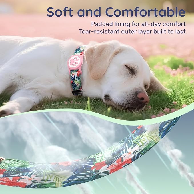 Airtag Dog Collar,with Waterproof airtag Holder，Original Stylish Cute Pattern Design.QR Code ID Buckle，Comfortable Soft Cotton for Small Medium Large Dogs