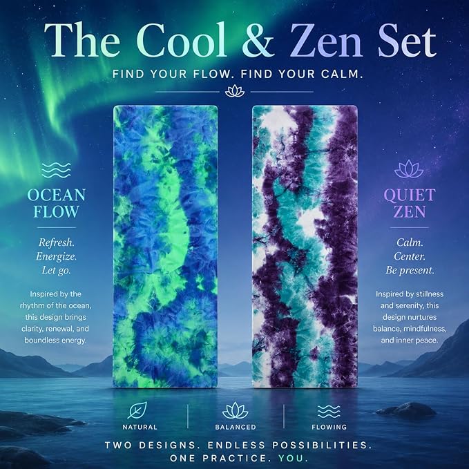 Eunzel 2 Pack Yoga Towel,Hot Yoga Mat Towel with Grip Dots Sweat Absorbent Non-Slip for Hot Yoga, Pilates and Workout 24" x72, Zen Ocean & Mystic Aurora
