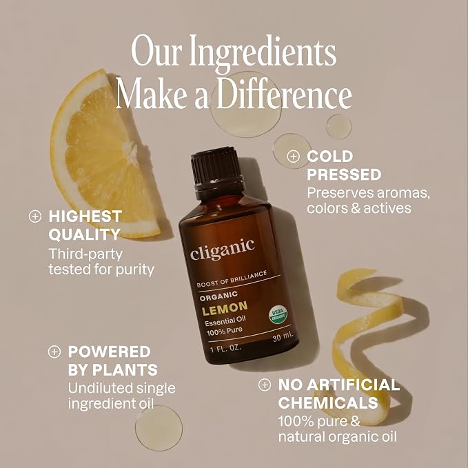 Cliganic USDA Organic Lemon Essential Oil, 100% Pure & Natural | Undiluted, for Aromatherapy, Household Cleaning | Non-GMO Verified