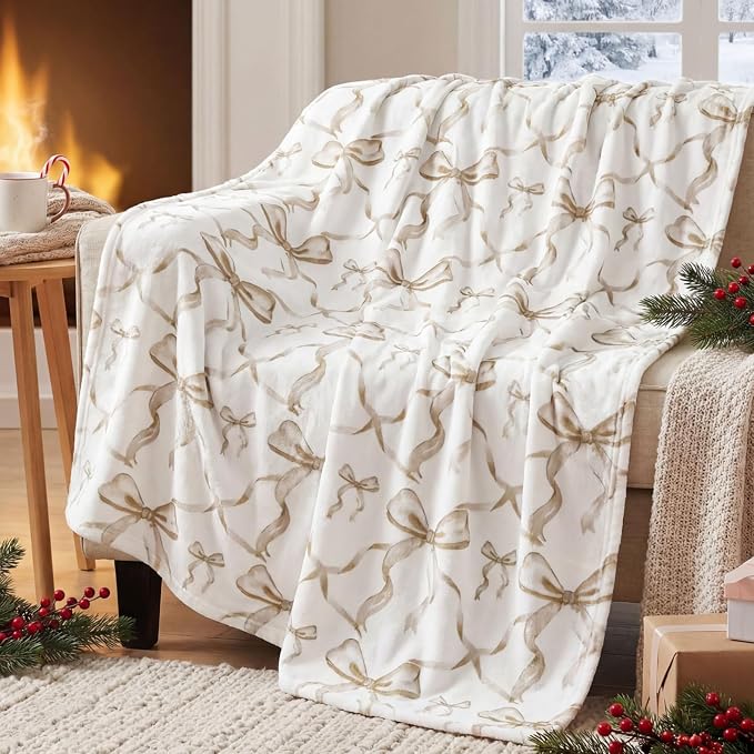 Brown Bow Throw Blanket 50"x60" Soft Flannel for Girls Women | Coquette Aesthetic Decor with Ruffled Edges, Ultra Plush Bed Sofa Blanket, Preppy Gift for Teens, Back to School Dorm Room