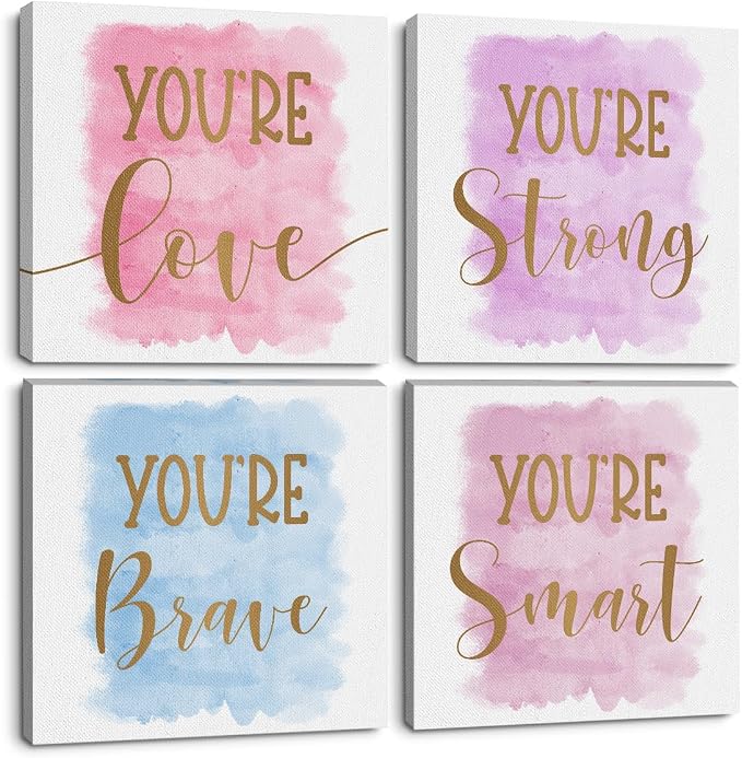 QINGTAI 4 Pcs Watercolor Posters Canvas Wall Art, Girls Room Wall Decor | Posters for Teen Girl, Girl's Aesthetic Framed Posters Art Prints Artwork for Bedroom Girls Room Playroom Home Decor 8x8 Inch