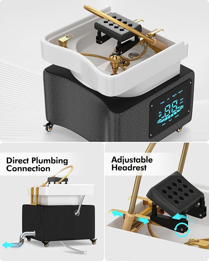 Artist hand Head Spa Bed, Hair Washing, Shampoo Massage Bed with Water Cycle Salon Equipment for Beauty Head Spa, Constant Temperature System(Gold)