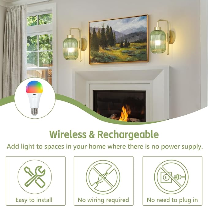 Gold Wireless Sconces Set of 2 with Green Stripe Glass Shade, Battery Operated Wall Sconces with Remote and Dimmable Bulb, Vintage Rechargeable Cordless Wall Lights For Bedside Living Room Bathroom