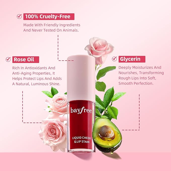 bayfree Liquid Cheek & Lip Stain, Korean Lip Tint with Moisturizing & Weightless, Non-Sticky, Long-Lasting, Kiss-proof, All Long-wearing, Vegan Makeup (Tomatoes Red)