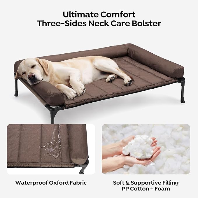 Veehoo Outdoor Elevated Dog Bed with Waterproof Bolster Cushion, Cooling | Raised Dog Bed with Removable & Washable Mat Topper, Breathable Mesh, Dog Couch Cot for Indoor Outdoor, 42", Large, Brown