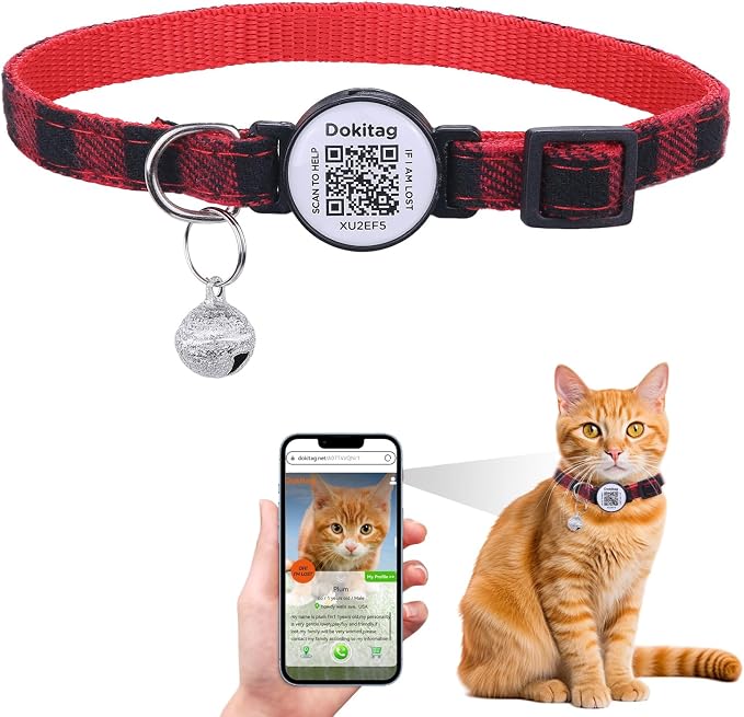 Cat Collar Breakaway with QR Code Name Tag,Custom Cat Collar with Bell and ID tag,Scan QR Receive Instant Pet Location Alert Email (Red)