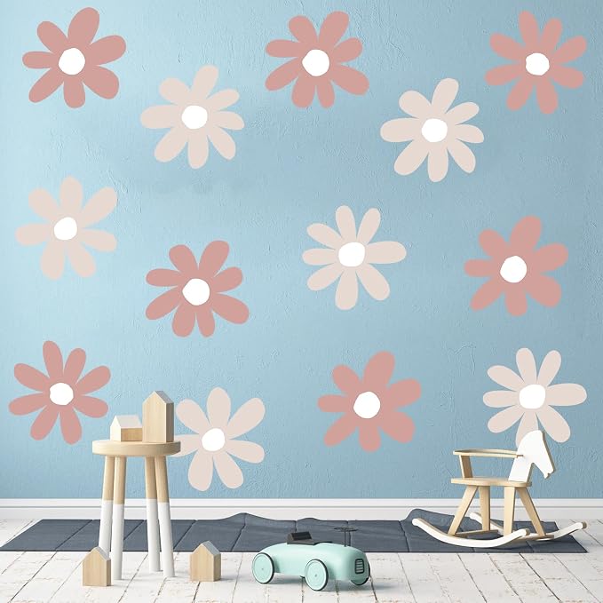 TaoBary 12 Sheet Daisy Wall Sticker Decal,Grey Color,Simple Style | Big Flower Wall Sticker, Pink White Floral Decal, Daisy Bedroom Room Decor, Removable Peel and Stick, Nursery Home Wall Decor