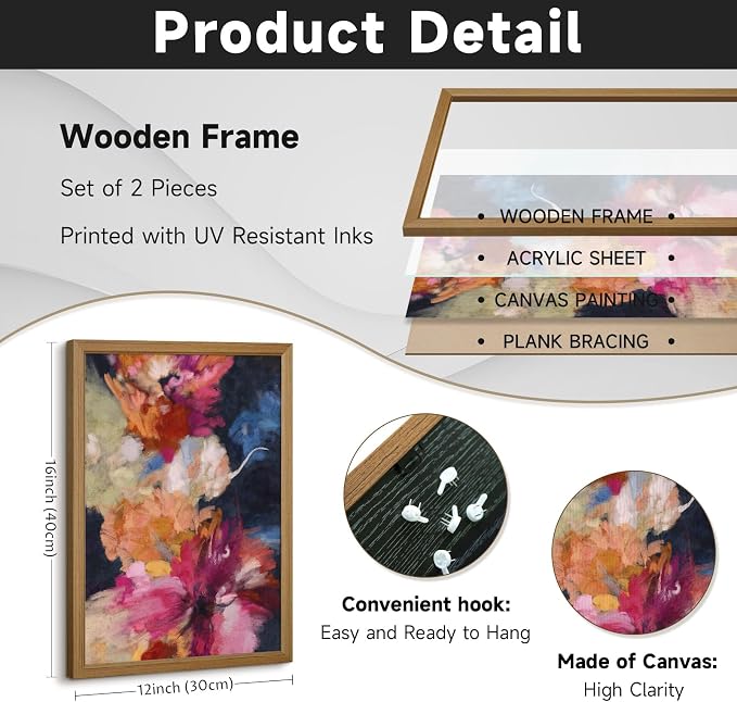 Colorful Abstract Wall Art Decor Modern Flower Canvas Wall Art Abstract Flower Pictures Painting Modern Colorful Artwork Posters Abstract Prints for Living Room Bedroom 12x16 Inch Framed Set of 2
