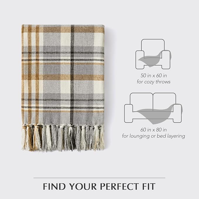 Plaid Chenille Knit Throw Blanket, 60"x80", Grey & Beige | Super Soft Knitted Throw with Tassels, Cozy, Decorative Farmhouse Plaid, Lightweight, Ideal for Couch Bed Gift Home Decor
