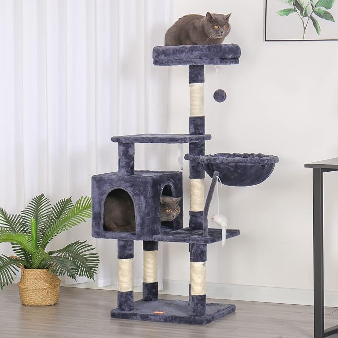 Heybly Cat Tree with Toy, 43.3 inch Cat Tower for Indoor Cats HCT004G | Cat Condo with Durable Sisal Scratching Posts, Cat House with Padded Plush Perch, Cozy Hammock, Smoky Gray